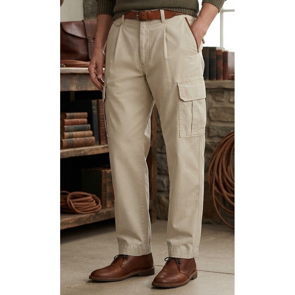 Orvis Pleated Cargo Pants Men's 38 Beige 100% Cotton Relaxed Fit Utility 1R8L